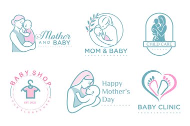 Mutlu bebek ve anne simgesi logo dizaynı. Çocuklar için rozetler & bebek bakım merkezi. İllüstrasyon