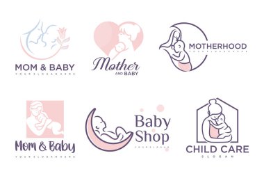 Mutlu bebek ve anne simgesi logo dizaynı. Çocuklar için rozetler & bebek bakım merkezi. İllüstrasyon