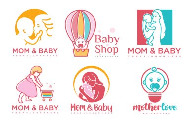 Mutlu bebek ve anne simgesi logo dizaynı. Çocuklar için rozetler & bebek bakım merkezi. İllüstrasyon