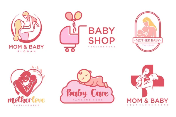 Feliz Bebé Madre Icono Conjunto Logotipo Design Badges Para Tienda — Vector de stock