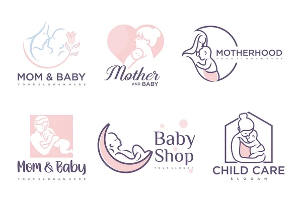 Glückliches Baby Und Mutter Icon Set Logo Design Abzeichen Für — Stockvektor
