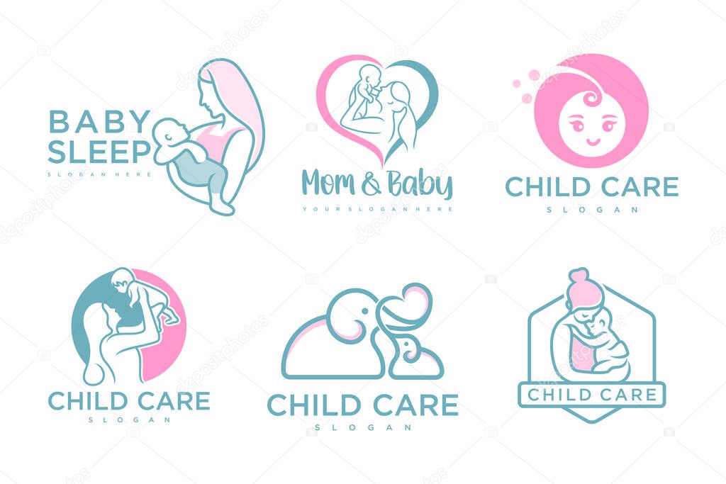 Happy baby and mother icon set logo design.badges for children store & baby care center.illustration