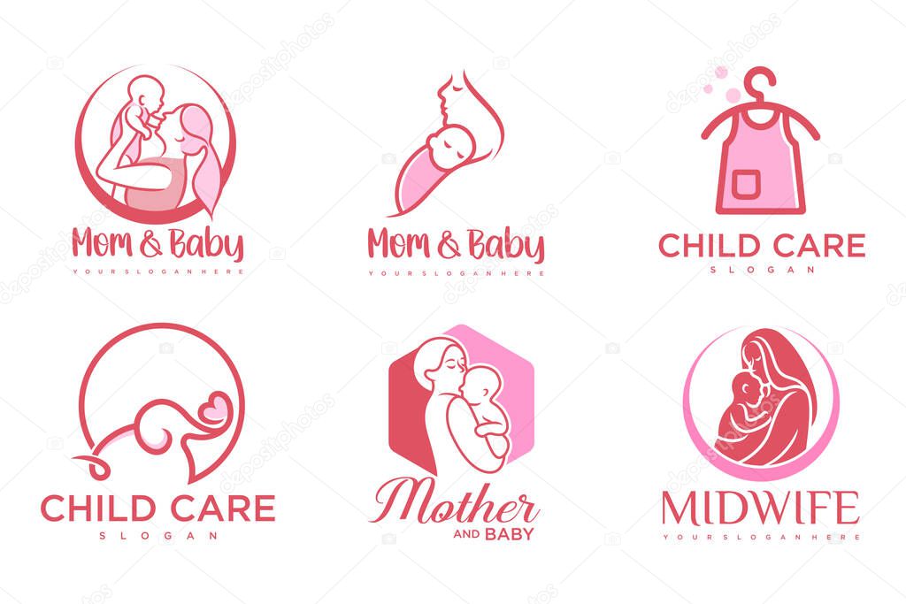 Happy baby and mother icon set logo design.badges for children store & baby care center.illustration