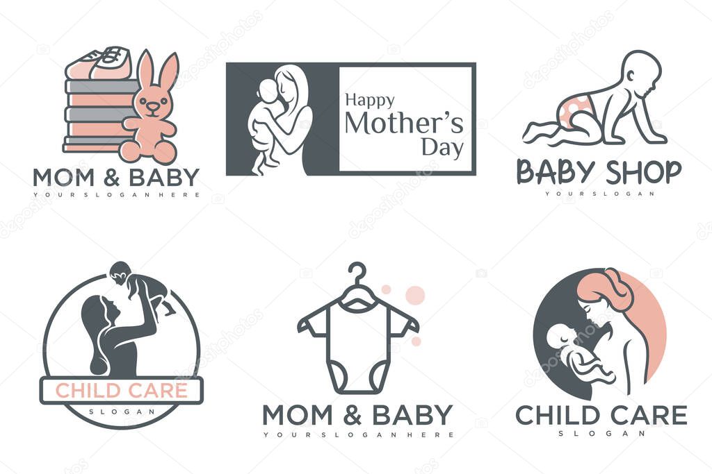 Happy baby and mother icon set logo design.badges for children store & baby care center.illustration