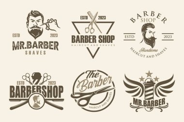 Küme, vintage kuaför dükkanı logo, etiketleri, rozetleri ve tasarım öğesi.