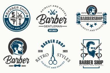 Küme, vintage kuaför dükkanı logo, etiketleri, rozetleri ve tasarım öğesi.