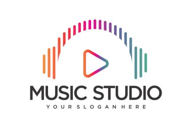 Müzik logosu şablonu. Kulaklık, vinil kayıt simgesi. Vektör illüstrasyonu