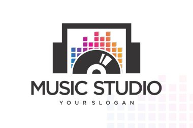 Müzik logosu şablonu. spektrum, vinil kayıt ve kulaklık simgesi. Vektör illüstrasyonu