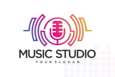 Müzik logosu şablonu. Spektrum, vinil kayıt ve mikrofon simgesi. Vektör illüstrasyonu