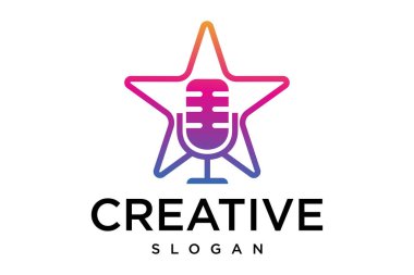 Müzik yıldızı logosu. mikrofon logosu tasarımı. Mikrofon ve kitap logosuyla podcast.