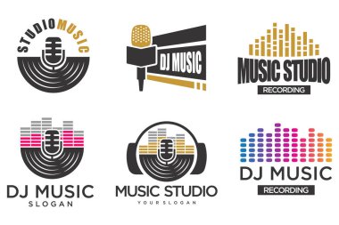 Müzik logosu şablonu. spektrum, mikrofon ve kulaklık simgesi.