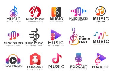 Müzik simgeleri seti. Müzik notaları ve ses dalgası .müzik festivaline sahip vektör logoları. Vector Illustration.