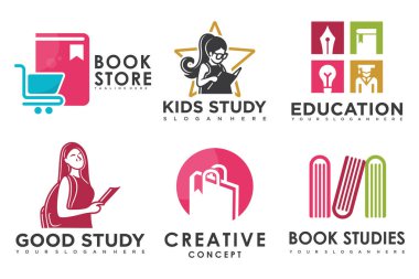 Eğitim ve öğrenim logosu, üniversite ve okul kitabı, mezuniyet şapkası ve kitap mağazası.