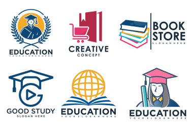 Eğitim ve öğrenim logosu, üniversite ve okul kitabı, mezuniyet şapkası ve öğrenci.