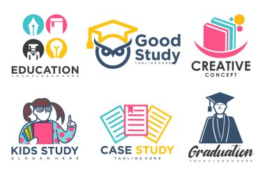 Eğitim ve öğrenim logosu, üniversite ve okul kitabı, mezuniyet şapkası ve öğrenci.