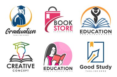 Eğitim ve öğrenim logosu seti. Okul kitabı, lamba, mezuniyet şapkası, kitapçı ve öğrenci. Öğretmenlik sembolleri.