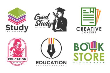 Eğitim ve öğrenim logosu seti. Okul kitabı, mezun şapkası, kalem, kitapçı ve öğrenci. Öğretmenlik sembolleri.