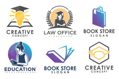 Eğitim ve öğrenim logosu seti. Okul kitabı, mezuniyet şapkası, lamba, kitapçı ve öğrenci. Öğretmenlik sembolleri.