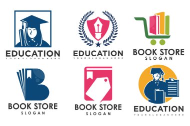 Eğitim ve öğrenim logosu seti. Okul kitabı, mezun şapkası, kalem, kitapçı ve öğrenci. Öğretmenlik sembolleri.