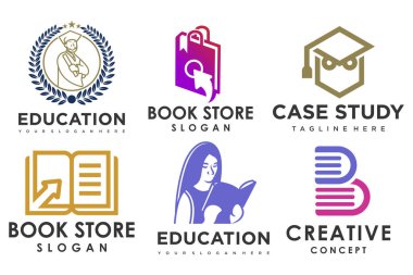 Eğitim ve öğrenim logosu seti. Okul kitabı, mezun şapkası, kalem, kitapçı ve öğrenci. Öğretmenlik sembolleri.