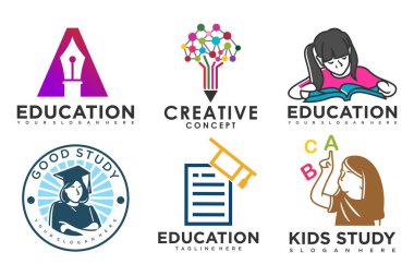 Eğitim ve öğrenim logosu seti. Okul kitabı, mezun şapkası, kalem, kitapçı ve öğrenci. Öğretmenlik sembolleri.
