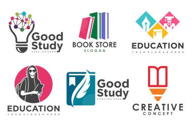 Eğitim ve öğrenim logosu seti. Okul kitabı, mezuniyet şapkası, lamba, kitapçı ve öğrenci. Öğretmenlik sembolleri.