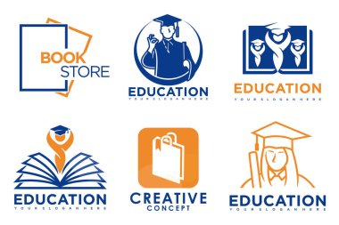 Eğitim ve öğrenim logosu seti. Okul kitabı, mezun şapkası, kitapçı ve öğrenci. Öğretmenlik sembolleri.