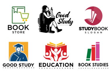 Eğitim ve öğrenim logosu seti. Okul kitabı, mezun şapkası, kitapçı ve öğrenci. Öğretmenlik sembolleri.