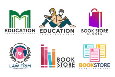 Eğitim ve öğrenim logosu seti. Okul kitabı, mezun şapkası, çanta, kitapçı ve öğrenci. Öğretmenlik sembolleri.