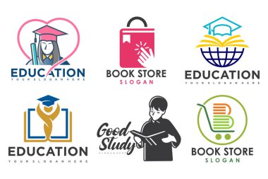 Eğitim ve öğrenim logosu seti. Okul kitabı, mezun şapkası, kelime, kitapçı ve öğrenci. Semboller öğretiyorum.