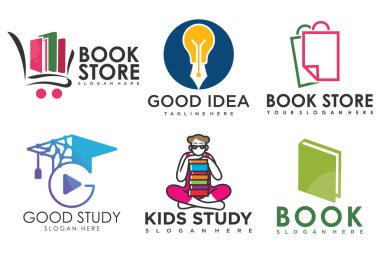 Eğitim ve öğrenim logosu seti. Okul kitabı, lamba, mezuniyet şapkası, kitapçı ve öğrenci. Öğretmenlik sembolleri.