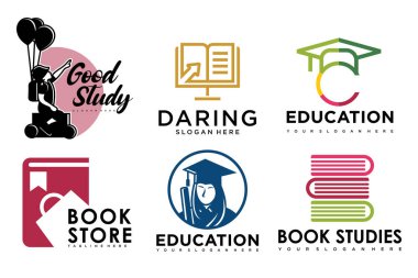 Eğitim ve öğrenim logosu seti. Okul kitabı, mezun şapkası, kitapçı ve öğrenci. Öğretmenlik sembolleri.