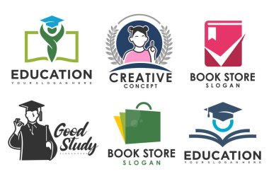 Eğitim ve öğrenim logosu seti. Okul kitabı, mezun şapkası, kitapçı ve öğrenci. Öğretmenlik sembolleri.