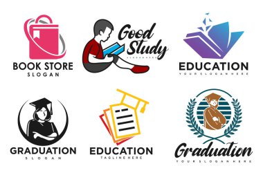 Eğitim ve öğrenim logosu seti. Okul kitabı, mezun şapkası, kitapçı ve öğrenci. Öğretmenlik sembolleri.