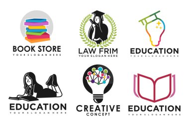 Eğitim ve öğrenim logosu seti. Okul kitabı, mezuniyet şapkası, lamba, kitapçı ve öğrenci. Öğretmenlik sembolleri.