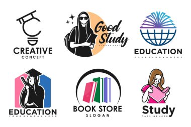 Eğitim ve öğrenim logosu seti. Okul kitabı, mezuniyet şapkası, lamba, kitapçı ve öğrenci. Öğretmenlik sembolleri.