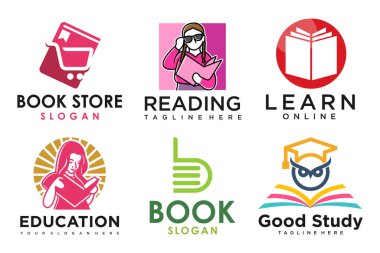 Eğitim ve öğrenim logosu seti. Okul kitabı, mezun şapkası, kitapçı ve öğrenci. Öğretmenlik sembolleri.