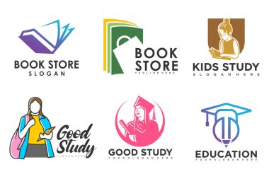 Eğitim ve öğrenim logosu seti. Okul kitabı, mezun şapkası, kitapçı ve öğrenci. Öğretmenlik sembolleri.