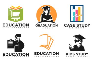 Eğitim ve öğrenim logosu seti. Okul kitabı, mezun şapkası, kitapçı ve öğrenci. Öğretmenlik sembolleri.