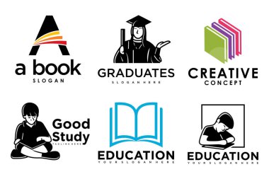 Eğitim ve öğrenim logosu seti. Okul kitabı, mezun şapkası, kitapçı ve öğrenci. Öğretmenlik sembolleri.