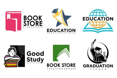 Eğitim ve öğrenim logosu seti. Okul kitabı, mezun şapkası, kelime, kitapçı ve öğrenci. Semboller öğretiyorum.