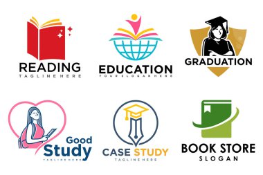 Eğitim ve öğrenim logosu seti. Okul kitabı, mezun şapkası, kelime, kitapçı ve öğrenci. Semboller öğretiyorum.