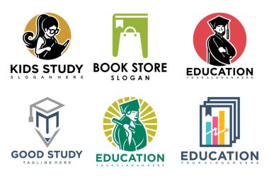 Eğitim ve öğrenim logosu seti. Okul kitabı, mezun şapkası, kalem, kitapçı ve öğrenci. Öğretmenlik sembolleri.