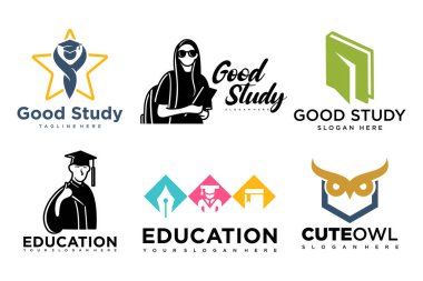 Eğitim ve öğrenim logosu seti. Okul kitabı, mezun şapkası, kitapçı ve öğrenci. Öğretmenlik sembolleri.