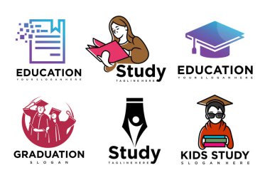 Eğitim ve öğrenim logosu seti. Okul kitabı, mezun şapkası, kalem, kitapçı ve öğrenci. Öğretmenlik sembolleri.