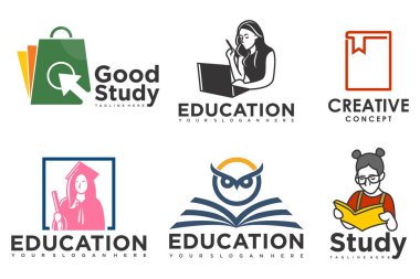 Eğitim ve öğrenim logosu seti. Okul kitabı, mezun şapkası, kitapçı ve öğrenci. Öğretmenlik sembolleri.