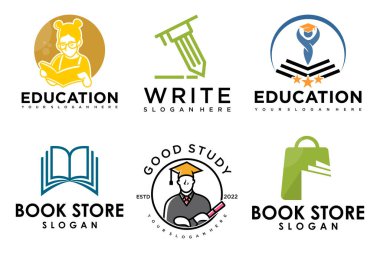 Eğitim ve öğrenim logosu seti. Okul kitabı, mezun şapkası, kalem, kitapçı ve öğrenci. Öğretmenlik sembolleri.