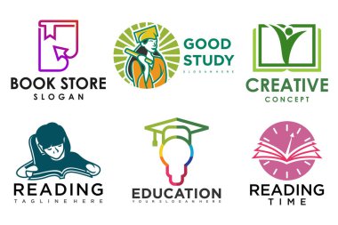 Eğitim ve öğrenim logosu seti. Okul kitabı, mezuniyet şapkası, lamba, kitapçı ve öğrenci. Öğretmenlik sembolleri.