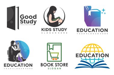 Eğitim ve öğrenim logosu seti. Okul kitabı, mezun şapkası, kelime, kitapçı ve öğrenci. Semboller öğretiyorum.