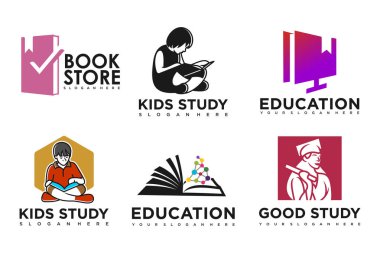 Eğitim ve öğrenim logosu seti. Okul kitabı, mezun şapkası, kitapçı ve öğrenci. Öğretmenlik sembolleri.